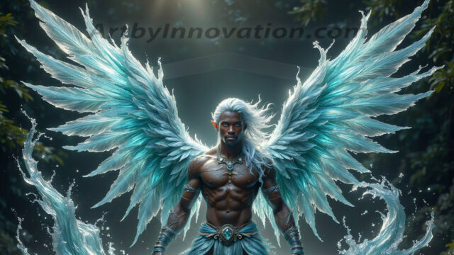 Holy Male Angels of the Elements, with Vibrant Wings. A magical, enchanted fantasy forest, bathed in soft, ethereal light. With towering ancient trees, live the angels of the elements. Stunningly handsome, beautiful, young angel men, who live on earth, deep in the forests. With huge vibrate feathered wings, enormous and shimmering with a radiant hue. The forest is alive with ancient magic.