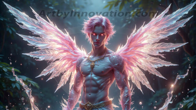 Holy Male Angels of the Elements, with Vibrant Wings. A magical, enchanted fantasy forest, bathed in soft, ethereal light. With towering ancient trees, live the angels of the elements. Stunningly handsome, beautiful, young angel men, who live on earth, deep in the forests. With huge vibrate feathered wings, enormous and shimmering with a radiant hue. The forest is alive with ancient magic.
