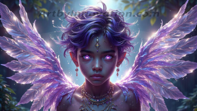 Holy Male Angels of the Elements, with Vibrant Wings. A magical, enchanted fantasy forest, bathed in soft, ethereal light. With towering ancient trees, live the angels of the elements. Stunningly handsome, beautiful, young angel men, who live on earth, deep in the forests. With huge vibrate feathered wings, enormous and shimmering with a radiant hue. The forest is alive with ancient magic.