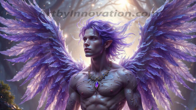 Holy Male Angels of the Elements, with Vibrant Wings. A magical, enchanted fantasy forest, bathed in soft, ethereal light. With towering ancient trees, live the angels of the elements. Stunningly handsome, beautiful, young angel men, who live on earth, deep in the forests. With huge vibrate feathered wings, enormous and shimmering with a radiant hue. The forest is alive with ancient magic.