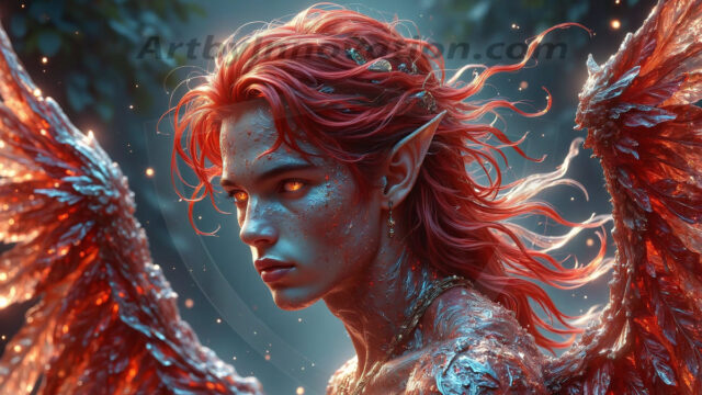 Holy Male Angels of the Elements, with Vibrant Wings. A magical, enchanted fantasy forest, bathed in soft, ethereal light. With towering ancient trees, live the angels of the elements. Stunningly handsome, beautiful, young angel men, who live on earth, deep in the forests. With huge vibrate feathered wings, enormous and shimmering with a radiant hue. The forest is alive with ancient magic.