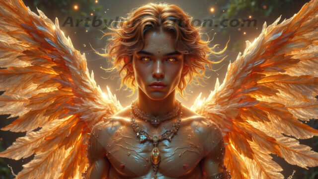 Holy Male Angels of the Elements, with Vibrant Wings. A magical, enchanted fantasy forest, bathed in soft, ethereal light. With towering ancient trees, live the angels of the elements. Stunningly handsome, beautiful, young angel men, who live on earth, deep in the forests. With huge vibrate feathered wings, enormous and shimmering with a radiant hue. The forest is alive with ancient magic.