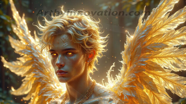 Holy Male Angels of the Elements, with Vibrant Wings. A magical, enchanted fantasy forest, bathed in soft, ethereal light. With towering ancient trees, live the angels of the elements. Stunningly handsome, beautiful, young angel men, who live on earth, deep in the forests. With huge vibrate feathered wings, enormous and shimmering with a radiant hue. The forest is alive with ancient magic.