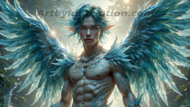 Holy Male Angels of the Elements, with Vibrant Wings. A magical, enchanted fantasy forest, bathed in soft, ethereal light. With towering ancient trees, live the angels of the elements. Stunningly handsome, beautiful, young angel men, who live on earth, deep in the forests. With huge vibrate feathered wings, enormous and shimmering with a radiant hue. The forest is alive with ancient magic.