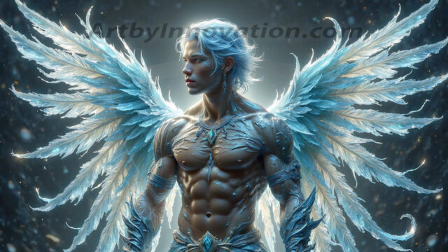 Holy Male Angels of the Elements, with Vibrant Wings. A magical, enchanted fantasy forest, bathed in soft, ethereal light. With towering ancient trees, live the angels of the elements. Stunningly handsome, beautiful, young angel men, who live on earth, deep in the forests. With huge vibrate feathered wings, enormous and shimmering with a radiant hue. The forest is alive with ancient magic.