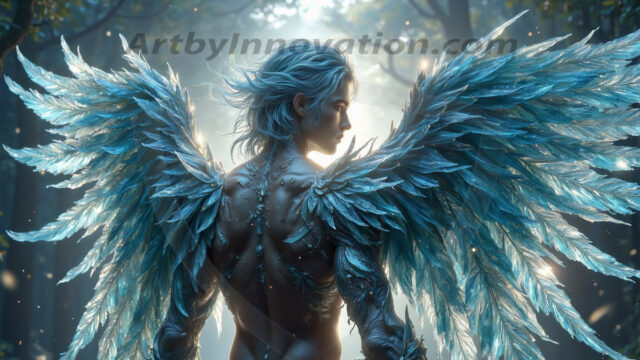 Holy Male Angels of the Elements, with Vibrant Wings. A magical, enchanted fantasy forest, bathed in soft, ethereal light. With towering ancient trees, live the angels of the elements. Stunningly handsome, beautiful, young angel men, who live on earth, deep in the forests. With huge vibrate feathered wings, enormous and shimmering with a radiant hue. The forest is alive with ancient magic.