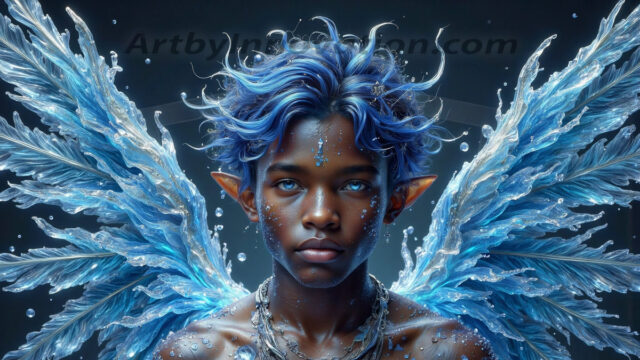 Holy Male Angels of the Elements, with Vibrant Wings. A magical, enchanted fantasy forest, bathed in soft, ethereal light. With towering ancient trees, live the angels of the elements. Stunningly handsome, beautiful, young angel men, who live on earth, deep in the forests. With huge vibrate feathered wings, enormous and shimmering with a radiant hue. The forest is alive with ancient magic.