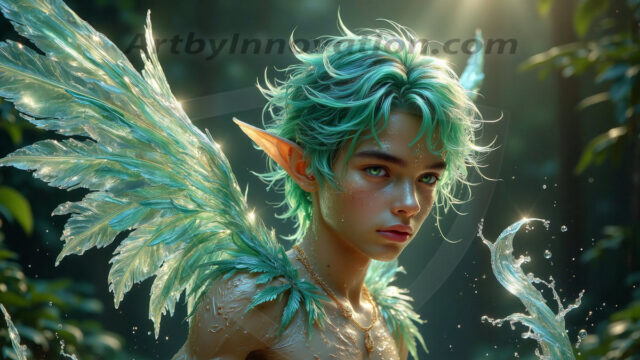 Holy Male Angels of the Elements, with Vibrant Wings. A magical, enchanted fantasy forest, bathed in soft, ethereal light. With towering ancient trees, live the angels of the elements. Stunningly handsome, beautiful, young angel men, who live on earth, deep in the forests. With huge vibrate feathered wings, enormous and shimmering with a radiant hue. The forest is alive with ancient magic.