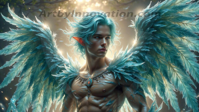Holy Male Angels of the Elements, with Vibrant Wings. A magical, enchanted fantasy forest, bathed in soft, ethereal light. With towering ancient trees, live the angels of the elements. Stunningly handsome, beautiful, young angel men, who live on earth, deep in the forests. With huge vibrate feathered wings, enormous and shimmering with a radiant hue. The forest is alive with ancient magic.
