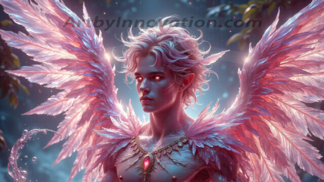 Holy Male Angels of the Elements, with Vibrant Wings. A magical, enchanted fantasy forest, bathed in soft, ethereal light. With towering ancient trees, live the angels of the elements. Stunningly handsome, beautiful, young angel men, who live on earth, deep in the forests. With huge vibrate feathered wings, enormous and shimmering with a radiant hue. The forest is alive with ancient magic.