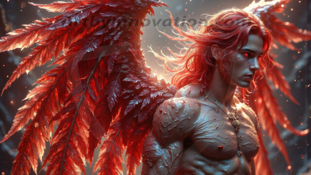 Holy Male Angels of the Elements, with Vibrant Wings. A magical, enchanted fantasy forest, bathed in soft, ethereal light. With towering ancient trees, live the angels of the elements. Stunningly handsome, beautiful, young angel men, who live on earth, deep in the forests. With huge vibrate feathered wings, enormous and shimmering with a radiant hue. The forest is alive with ancient magic.