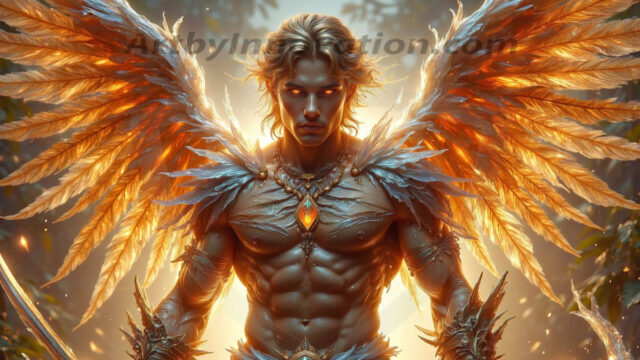 Holy Male Angels of the Elements, with Vibrant Wings. A magical, enchanted fantasy forest, bathed in soft, ethereal light. With towering ancient trees, live the angels of the elements. Stunningly handsome, beautiful, young angel men, who live on earth, deep in the forests. With huge vibrate feathered wings, enormous and shimmering with a radiant hue. The forest is alive with ancient magic.