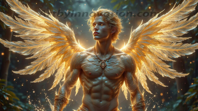 Holy Male Angels of the Elements, with Vibrant Wings. A magical, enchanted fantasy forest, bathed in soft, ethereal light. With towering ancient trees, live the angels of the elements. Stunningly handsome, beautiful, young angel men, who live on earth, deep in the forests. With huge vibrate feathered wings, enormous and shimmering with a radiant hue. The forest is alive with ancient magic.