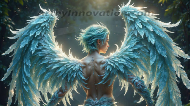 Holy Male Angels of the Elements, with Vibrant Wings. A magical, enchanted fantasy forest, bathed in soft, ethereal light. With towering ancient trees, live the angels of the elements. Stunningly handsome, beautiful, young angel men, who live on earth, deep in the forests. With huge vibrate feathered wings, enormous and shimmering with a radiant hue. The forest is alive with ancient magic.