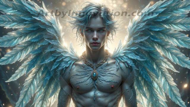 Holy Male Angels of the Elements, with Vibrant Wings. A magical, enchanted fantasy forest, bathed in soft, ethereal light. With towering ancient trees, live the angels of the elements. Stunningly handsome, beautiful, young angel men, who live on earth, deep in the forests. With huge vibrate feathered wings, enormous and shimmering with a radiant hue. The forest is alive with ancient magic.