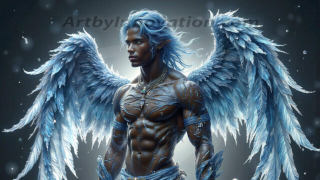 Holy Male Angels of the Elements, with Vibrant Wings. A magical, enchanted fantasy forest, bathed in soft, ethereal light. With towering ancient trees, live the angels of the elements. Stunningly handsome, beautiful, young angel men, who live on earth, deep in the forests. With huge vibrate feathered wings, enormous and shimmering with a radiant hue. The forest is alive with ancient magic.