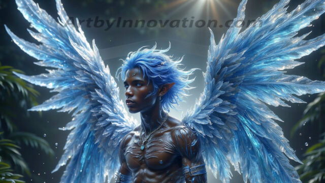 Holy Male Angels of the Elements, with Vibrant Wings. A magical, enchanted fantasy forest, bathed in soft, ethereal light. With towering ancient trees, live the angels of the elements. Stunningly handsome, beautiful, young angel men, who live on earth, deep in the forests. With huge vibrate feathered wings, enormous and shimmering with a radiant hue. The forest is alive with ancient magic.