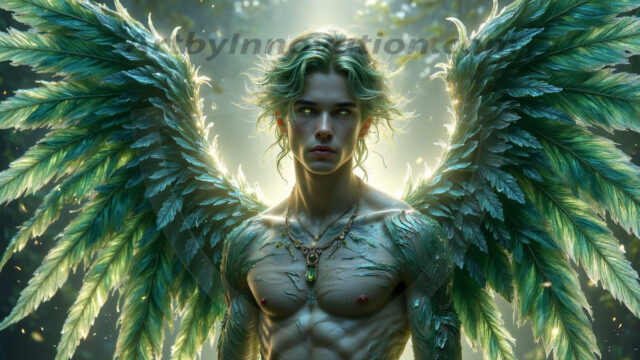 Holy Male Angels of the Elements, with Vibrant Wings. A magical, enchanted fantasy forest, bathed in soft, ethereal light. With towering ancient trees, live the angels of the elements. Stunningly handsome, beautiful, young angel men, who live on earth, deep in the forests. With huge vibrate feathered wings, enormous and shimmering with a radiant hue. The forest is alive with ancient magic.