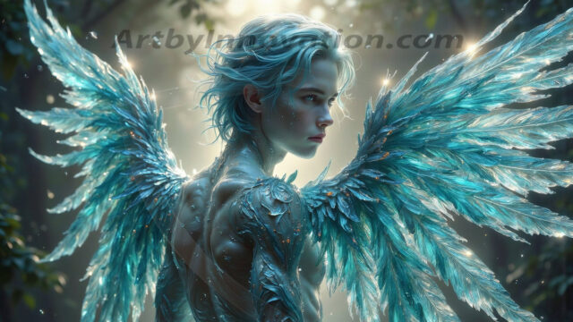 Holy Male Angels of the Elements, with Vibrant Wings. A magical, enchanted fantasy forest, bathed in soft, ethereal light. With towering ancient trees, live the angels of the elements. Stunningly handsome, beautiful, young angel men, who live on earth, deep in the forests. With huge vibrate feathered wings, enormous and shimmering with a radiant hue. The forest is alive with ancient magic.