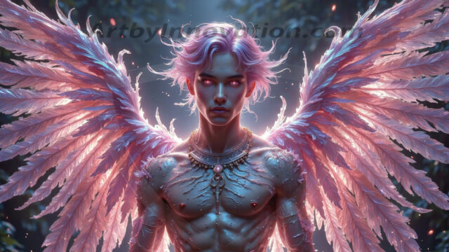 Holy Male Angels of the Elements, with Vibrant Wings. A magical, enchanted fantasy forest, bathed in soft, ethereal light. With towering ancient trees, live the angels of the elements. Stunningly handsome, beautiful, young angel men, who live on earth, deep in the forests. With huge vibrate feathered wings, enormous and shimmering with a radiant hue. The forest is alive with ancient magic.