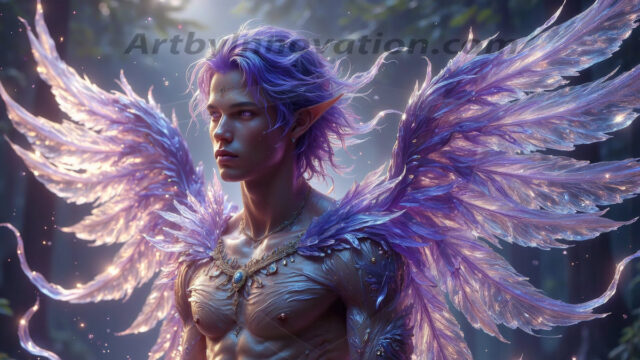 Holy Male Angels of the Elements, with Vibrant Wings. A magical, enchanted fantasy forest, bathed in soft, ethereal light. With towering ancient trees, live the angels of the elements. Stunningly handsome, beautiful, young angel men, who live on earth, deep in the forests. With huge vibrate feathered wings, enormous and shimmering with a radiant hue. The forest is alive with ancient magic.