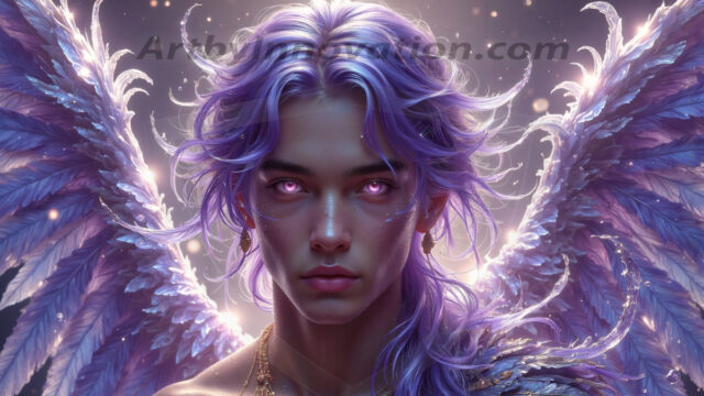 Holy Male Angels of the Elements, with Vibrant Wings. A magical, enchanted fantasy forest, bathed in soft, ethereal light. With towering ancient trees, live the angels of the elements. Stunningly handsome, beautiful, young angel men, who live on earth, deep in the forests. With huge vibrate feathered wings, enormous and shimmering with a radiant hue. The forest is alive with ancient magic.