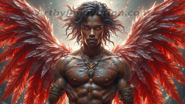 Holy Male Angels of the Elements, with Vibrant Wings. A magical, enchanted fantasy forest, bathed in soft, ethereal light. With towering ancient trees, live the angels of the elements. Stunningly handsome, beautiful, young angel men, who live on earth, deep in the forests. With huge vibrate feathered wings, enormous and shimmering with a radiant hue. The forest is alive with ancient magic.