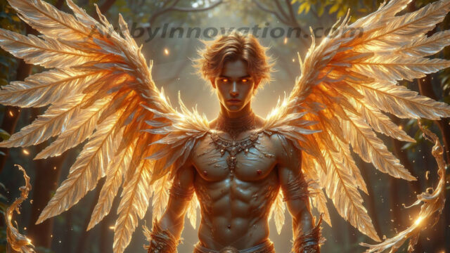 Holy Male Angels of the Elements, with Vibrant Wings. A magical, enchanted fantasy forest, bathed in soft, ethereal light. With towering ancient trees, live the angels of the elements. Stunningly handsome, beautiful, young angel men, who live on earth, deep in the forests. With huge vibrate feathered wings, enormous and shimmering with a radiant hue. The forest is alive with ancient magic.