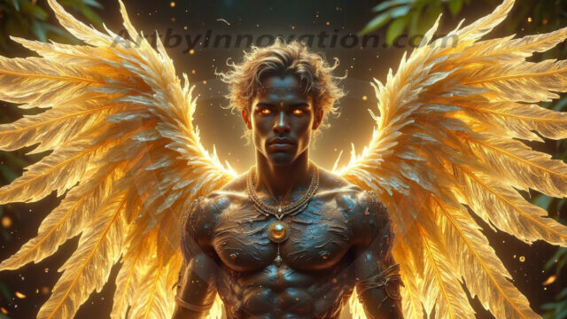 Holy Male Angels of the Elements, with Vibrant Wings. A magical, enchanted fantasy forest, bathed in soft, ethereal light. With towering ancient trees, live the angels of the elements. Stunningly handsome, beautiful, young angel men, who live on earth, deep in the forests. With huge vibrate feathered wings, enormous and shimmering with a radiant hue. The forest is alive with ancient magic.