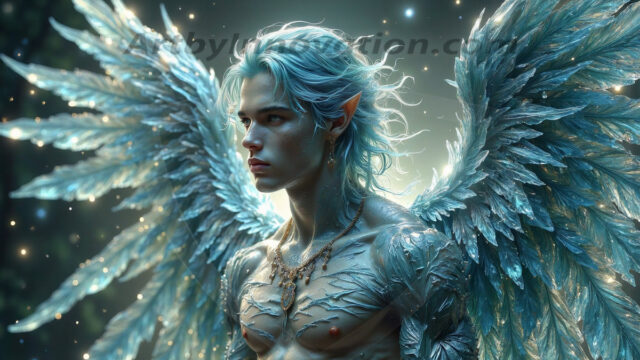Holy Male Angels of the Elements, with Vibrant Wings. A magical, enchanted fantasy forest, bathed in soft, ethereal light. With towering ancient trees, live the angels of the elements. Stunningly handsome, beautiful, young angel men, who live on earth, deep in the forests. With huge vibrate feathered wings, enormous and shimmering with a radiant hue. The forest is alive with ancient magic.