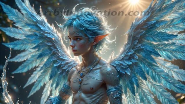 Holy Male Angels of the Elements, with Vibrant Wings. A magical, enchanted fantasy forest, bathed in soft, ethereal light. With towering ancient trees, live the angels of the elements. Stunningly handsome, beautiful, young angel men, who live on earth, deep in the forests. With huge vibrate feathered wings, enormous and shimmering with a radiant hue. The forest is alive with ancient magic.