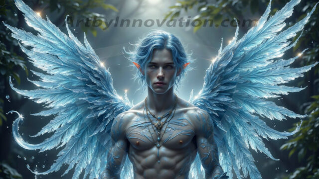 Holy Male Angels of the Elements, with Vibrant Wings. A magical, enchanted fantasy forest, bathed in soft, ethereal light. With towering ancient trees, live the angels of the elements. Stunningly handsome, beautiful, young angel men, who live on earth, deep in the forests. With huge vibrate feathered wings, enormous and shimmering with a radiant hue. The forest is alive with ancient magic.
