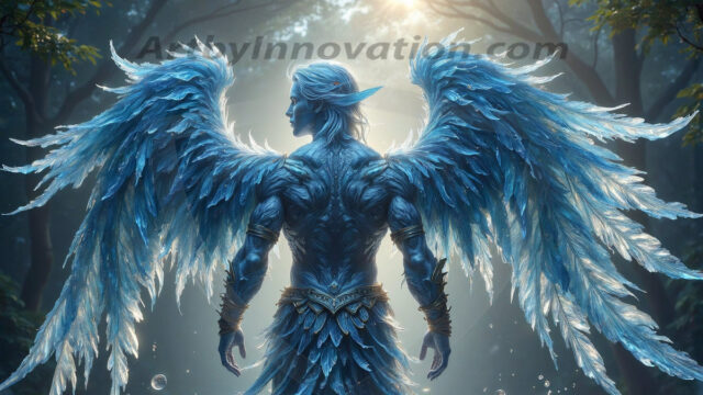 Holy Male Angels of the Elements, with Vibrant Wings. A magical, enchanted fantasy forest, bathed in soft, ethereal light. With towering ancient trees, live the angels of the elements. Stunningly handsome, beautiful, young angel men, who live on earth, deep in the forests. With huge vibrate feathered wings, enormous and shimmering with a radiant hue. The forest is alive with ancient magic.