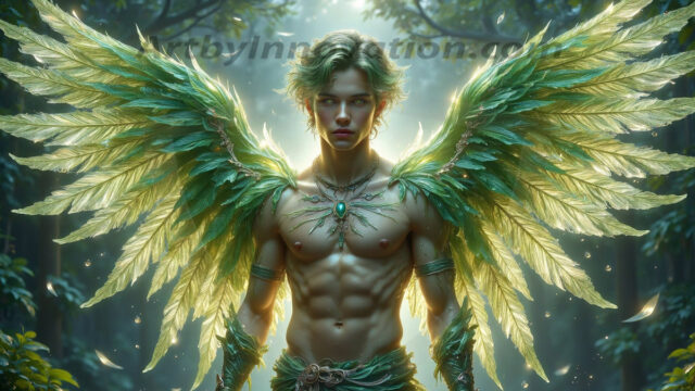 Holy Male Angels of the Elements, with Vibrant Wings. A magical, enchanted fantasy forest, bathed in soft, ethereal light. With towering ancient trees, live the angels of the elements. Stunningly handsome, beautiful, young angel men, who live on earth, deep in the forests. With huge vibrate feathered wings, enormous and shimmering with a radiant hue. The forest is alive with ancient magic.
