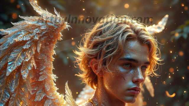 Holy Male Angels of the Elements, with Vibrant Wings. A magical, enchanted fantasy forest, bathed in soft, ethereal light. With towering ancient trees, live the angels of the elements. Stunningly handsome, beautiful, young angel men, who live on earth, deep in the forests. With huge vibrate feathered wings, enormous and shimmering with a radiant hue. The forest is alive with ancient magic.