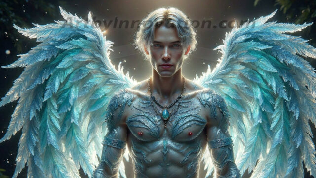 Holy Male Angels of the Elements, with Vibrant Wings. A magical, enchanted fantasy forest, bathed in soft, ethereal light. With towering ancient trees, live the angels of the elements. Stunningly handsome, beautiful, young angel men, who live on earth, deep in the forests. With huge vibrate feathered wings, enormous and shimmering with a radiant hue. The forest is alive with ancient magic.