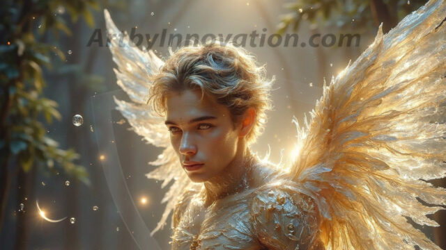Holy Male Angels of the Elements, with Vibrant Wings. A magical, enchanted fantasy forest, bathed in soft, ethereal light. With towering ancient trees, live the angels of the elements. Stunningly handsome, beautiful, young angel men, who live on earth, deep in the forests. With huge vibrate feathered wings, enormous and shimmering with a radiant hue. The forest is alive with ancient magic.