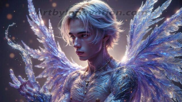 Holy Male Angels of the Elements, with Vibrant Wings. A magical, enchanted fantasy forest, bathed in soft, ethereal light. With towering ancient trees, live the angels of the elements. Stunningly handsome, beautiful, young angel men, who live on earth, deep in the forests. With huge vibrate feathered wings, enormous and shimmering with a radiant hue. The forest is alive with ancient magic.