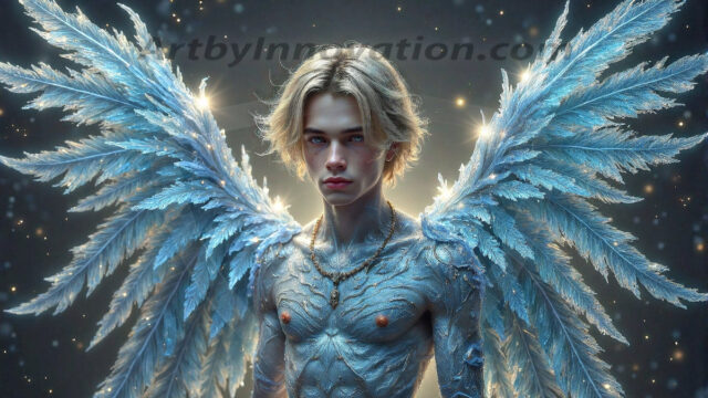 Holy Male Angels of the Elements, with Vibrant Wings. A magical, enchanted fantasy forest, bathed in soft, ethereal light. With towering ancient trees, live the angels of the elements. Stunningly handsome, beautiful, young angel men, who live on earth, deep in the forests. With huge vibrate feathered wings, enormous and shimmering with a radiant hue. The forest is alive with ancient magic.