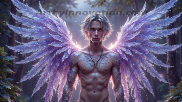 Holy Male Angels of the Elements, with Vibrant Wings. A magical, enchanted fantasy forest, bathed in soft, ethereal light. With towering ancient trees, live the angels of the elements. Stunningly handsome, beautiful, young angel men, who live on earth, deep in the forests. With huge vibrate feathered wings, enormous and shimmering with a radiant hue. The forest is alive with ancient magic.