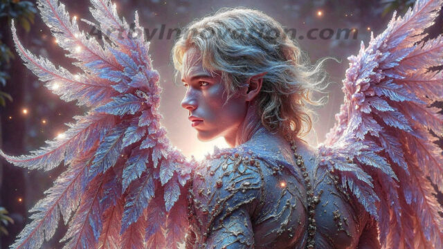 Holy Male Angels of the Elements, with Vibrant Wings. A magical, enchanted fantasy forest, bathed in soft, ethereal light. With towering ancient trees, live the angels of the elements. Stunningly handsome, beautiful, young angel men, who live on earth, deep in the forests. With huge vibrate feathered wings, enormous and shimmering with a radiant hue. The forest is alive with ancient magic.