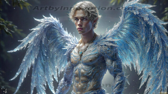 Holy Male Angels of the Elements, with Vibrant Wings. A magical, enchanted fantasy forest, bathed in soft, ethereal light. With towering ancient trees, live the angels of the elements. Stunningly handsome, beautiful, young angel men, who live on earth, deep in the forests. With huge vibrate feathered wings, enormous and shimmering with a radiant hue. The forest is alive with ancient magic.