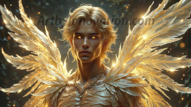 Holy Male Angels of the Elements, with Vibrant Wings. A magical, enchanted fantasy forest, bathed in soft, ethereal light. With towering ancient trees, live the angels of the elements. Stunningly handsome, beautiful, young angel men, who live on earth, deep in the forests. With huge vibrate feathered wings, enormous and shimmering with a radiant hue. The forest is alive with ancient magic.