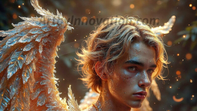 Holy Male Angels of the Elements, with Vibrant Wings. A magical, enchanted fantasy forest, bathed in soft, ethereal light. With towering ancient trees, live the angels of the elements. Stunningly handsome, beautiful, young angel men, who live on earth, deep in the forests. With huge vibrate feathered wings, enormous and shimmering with a radiant hue. The forest is alive with ancient magic.