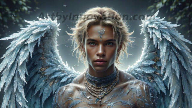 Holy Male Angels of the Elements, with Vibrant Wings. A magical, enchanted fantasy forest, bathed in soft, ethereal light. With towering ancient trees, live the angels of the elements. Stunningly handsome, beautiful, young angel men, who live on earth, deep in the forests. With huge vibrate feathered wings, enormous and shimmering with a radiant hue. The forest is alive with ancient magic.