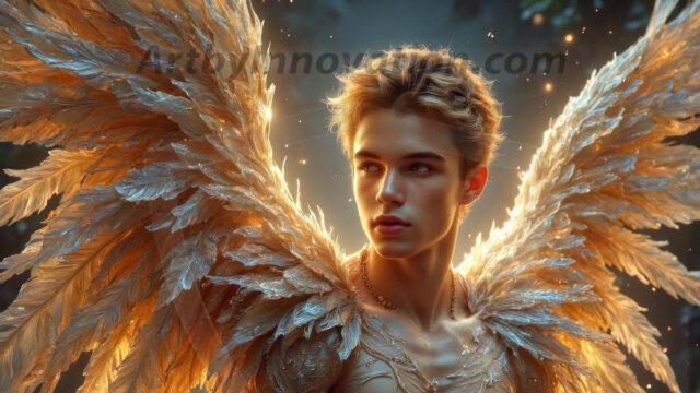 Holy Male Angels of the Elements, with Vibrant Wings. A magical, enchanted fantasy forest, bathed in soft, ethereal light. With towering ancient trees, live the angels of the elements. Stunningly handsome, beautiful, young angel men, who live on earth, deep in the forests. With huge vibrate feathered wings, enormous and shimmering with a radiant hue. The forest is alive with ancient magic.