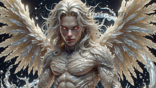 Holy Male Angels of the Elements, with Vibrant Wings. A magical, enchanted fantasy forest, bathed in soft, ethereal light. With towering ancient trees, live the angels of the elements. Stunningly handsome, beautiful, young angel men, who live on earth, deep in the forests. With huge vibrate feathered wings, enormous and shimmering with a radiant hue. The forest is alive with ancient magic.