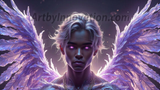 Holy Male Angels of the Elements, with Vibrant Wings. A magical, enchanted fantasy forest, bathed in soft, ethereal light. With towering ancient trees, live the angels of the elements. Stunningly handsome, beautiful, young angel men, who live on earth, deep in the forests. With huge vibrate feathered wings, enormous and shimmering with a radiant hue. The forest is alive with ancient magic.