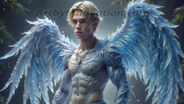 Holy Male Angels of the Elements, with Vibrant Wings. A magical, enchanted fantasy forest, bathed in soft, ethereal light. With towering ancient trees, live the angels of the elements. Stunningly handsome, beautiful, young angel men, who live on earth, deep in the forests. With huge vibrate feathered wings, enormous and shimmering with a radiant hue. The forest is alive with ancient magic.