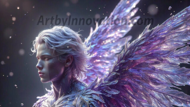 Holy Male Angels of the Elements, with Vibrant Wings. A magical, enchanted fantasy forest, bathed in soft, ethereal light. With towering ancient trees, live the angels of the elements. Stunningly handsome, beautiful, young angel men, who live on earth, deep in the forests. With huge vibrate feathered wings, enormous and shimmering with a radiant hue. The forest is alive with ancient magic.